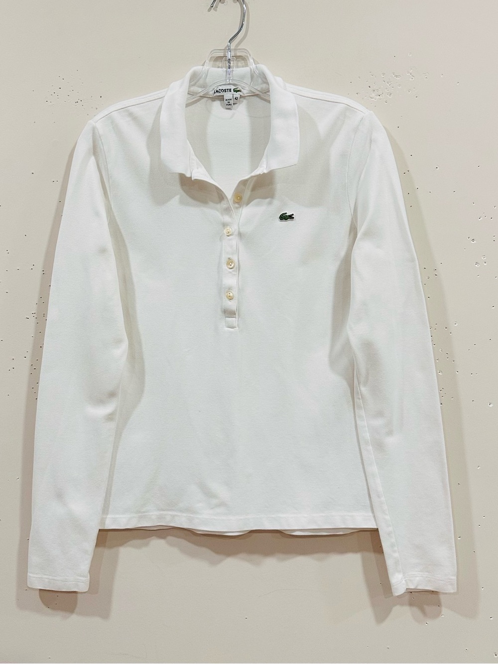 LACOSTE Women's Long Sleeve Stretch Pique Polo Shirt White Size S
